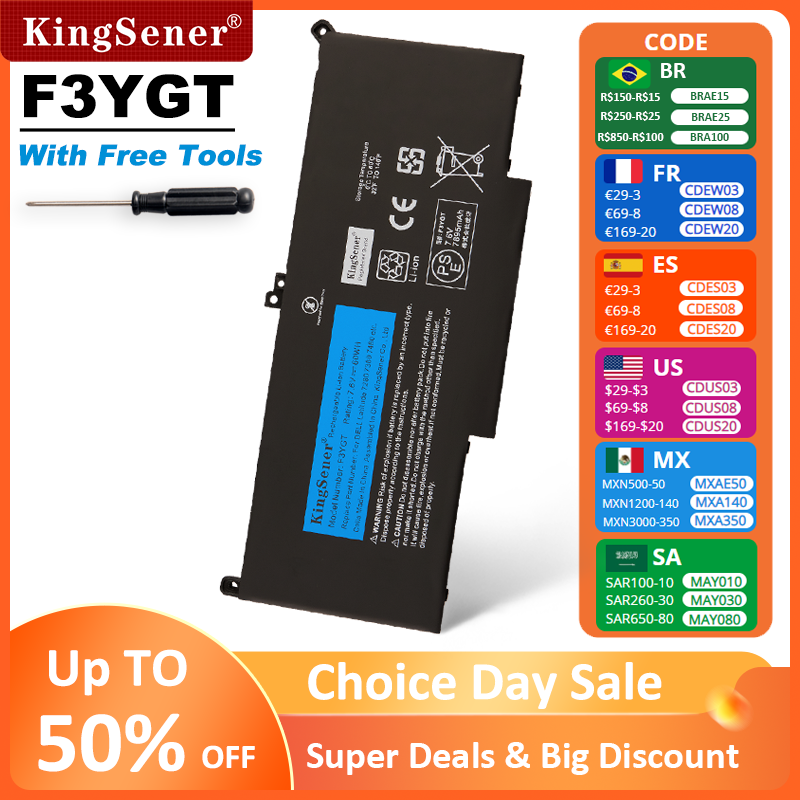 KingSener-F3YGT Bateria do portátil, Dell Latitude 12 7000, E7280, E7290, E7380, E7390, E7480, E7490, 2x39G, DJ1J0, ferramenta gratuita