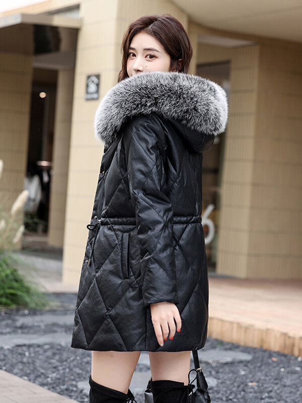 New Women Winter Hooded Leather Down Jacket Fashion Warm Real Fox Fur Collar Casual Sheepskin Down Coat Split Leather Thick Coat