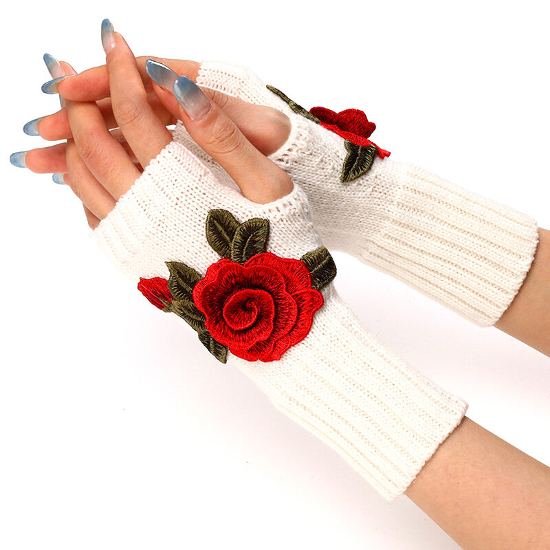 New Autumn Winter Half Finger Gloves for Women Embroidered Flower Knitted Warm Mittens Fingerless Touch Screen Writting Gloves