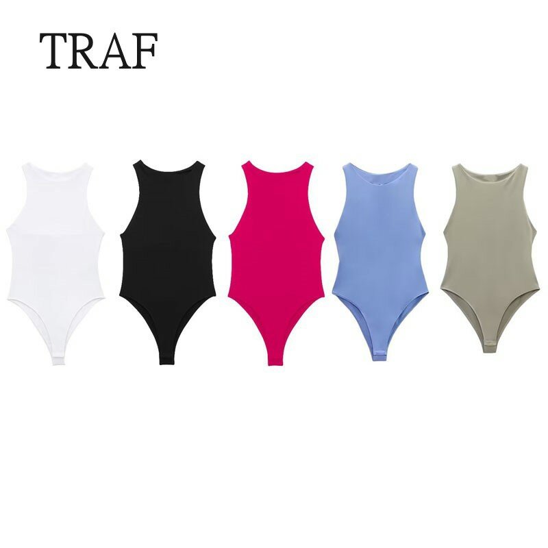 TRAF-Macacão monocromático feminino, bodysuit feminino, macacão sexy, branco, preto, praia azul, roupa de cima, verão, Y2K, 2023