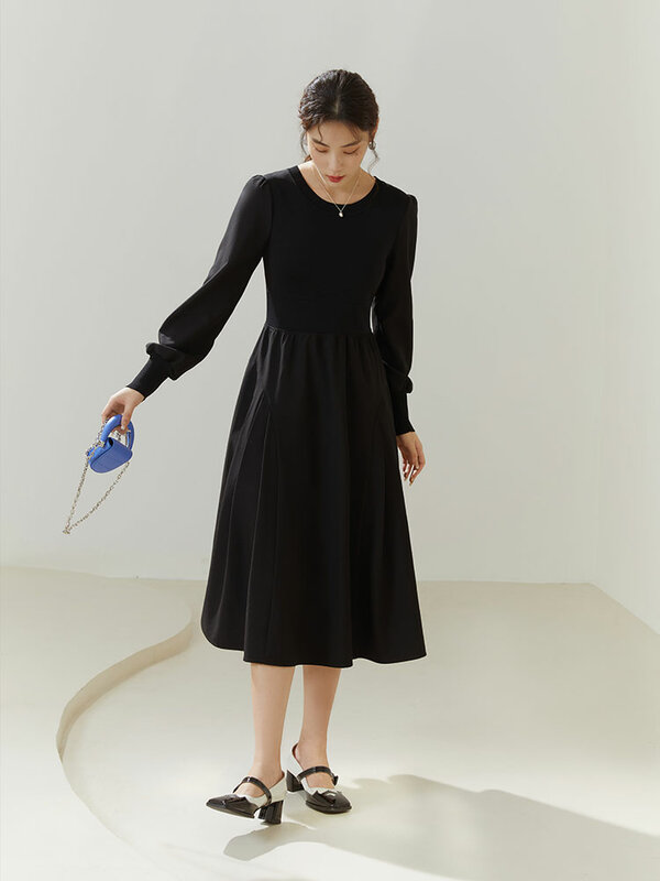 DUS Hu เสื้อผู้หญิงคอกลมกลางลูกวัว Thicken เสื้อกันหนาว Patchwork Design Office Lady แบบบางสีดำ Pullover A-Line กระโปรง
