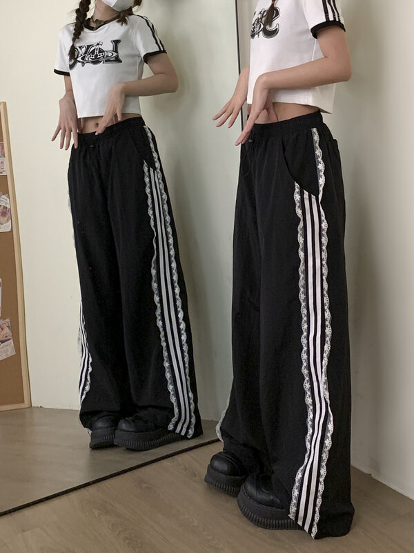 กางเกงเด็กลายทางสไตล์โกธิคสีดำแนววินเทจสำหรับสตรีทแวร์แนวสตรีท Y2k แนวสตรีทแวร์แนวฮาราจูกุแนวเกาหลีเสื้อผ้า2000S