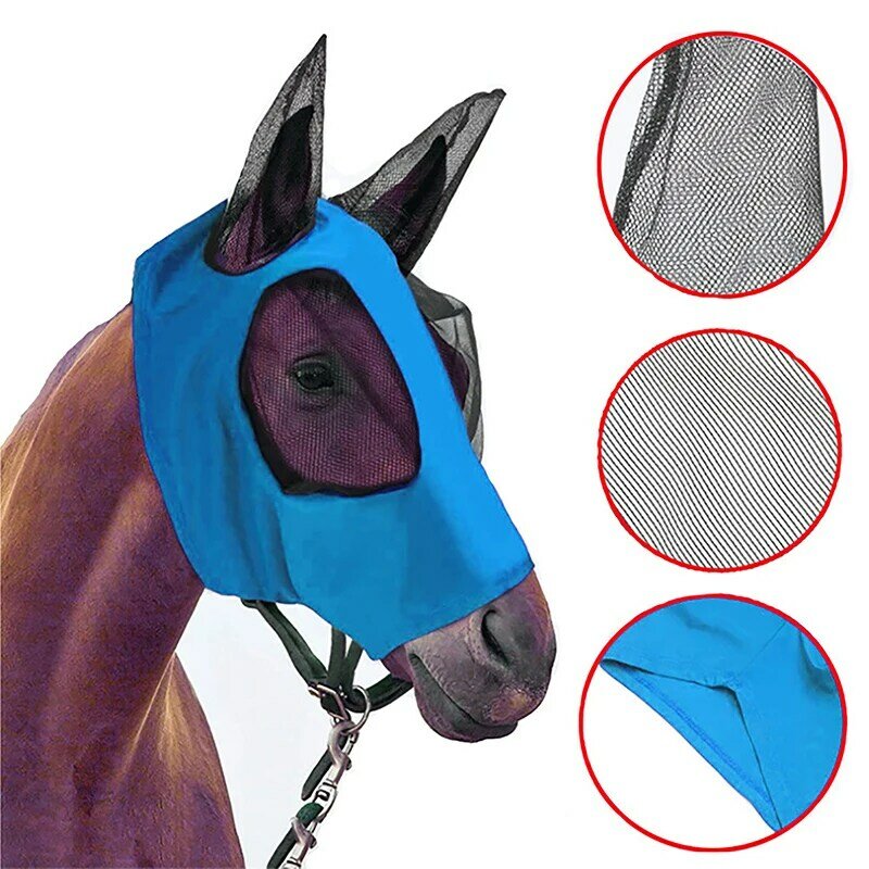 หน้ากากม้าแบบตาข่ายระบายอากาศสำหรับขี่ม้าอุปกรณ์ที่อุดหูขี่ม้าหน้ากากหมวกครอบหู