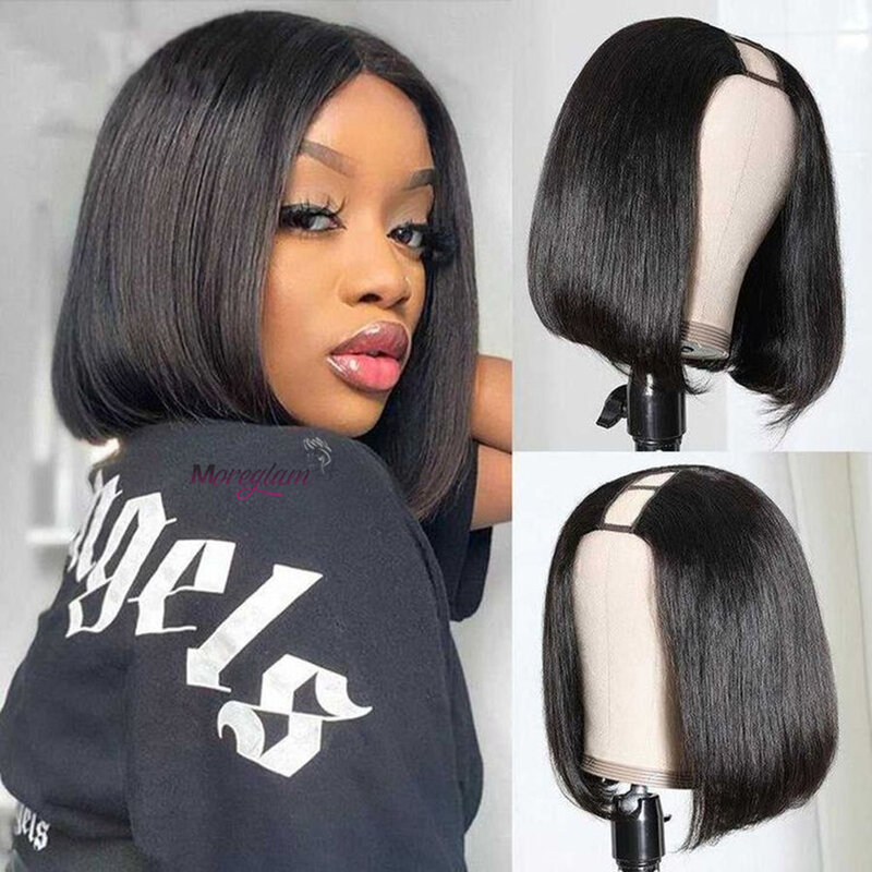 U Part Human Hair Wig Natural Straight Short Bob Machine Wigs Non-Lace Smooth Brazlian Remy Hair For Black Women Clearance Sales