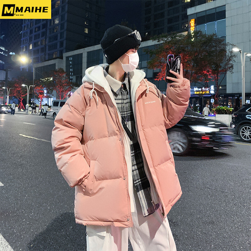 Zimowa luksusowa wyściełana kurtka męska i damska odzież uliczna sztuczny dwuczęściowy odporny na zimno ciepła Parka płaszcz męski Harajuku z kapturem