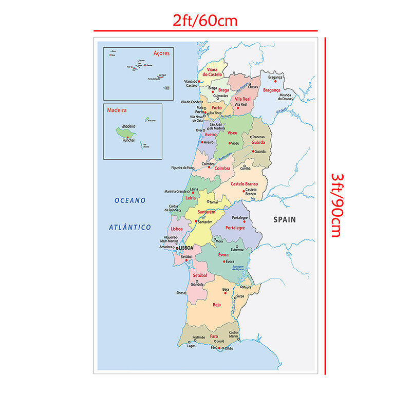 60*90センチメートルの行政地図ポルトガル壁アート地図ポルトガル語でキャンバス絵画のポスター家の装飾学用品