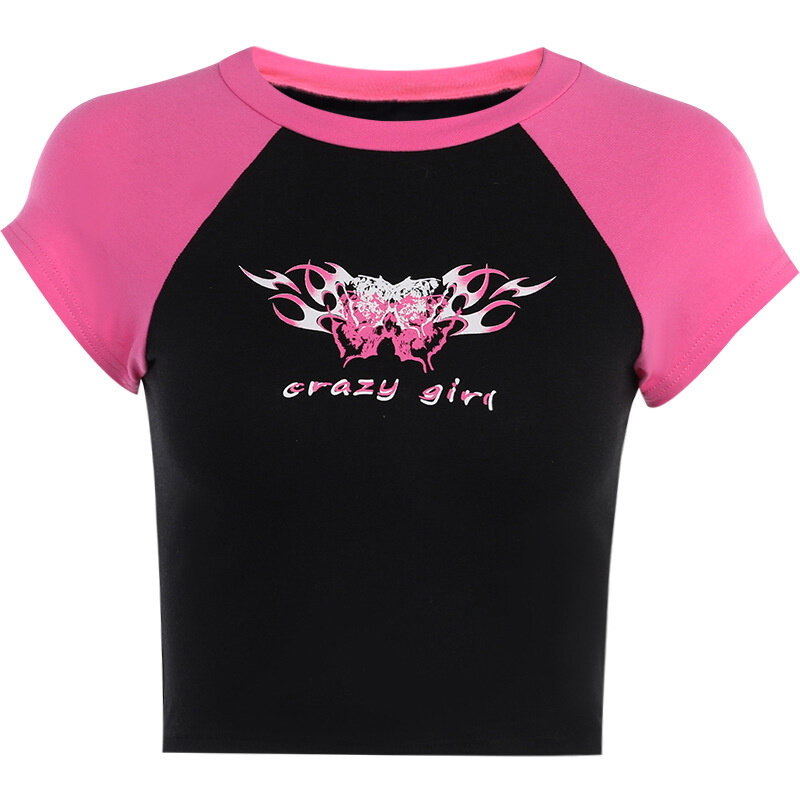 Camiseta con contraste para mujer, Top de manga corta con estampado de cuello redondo, color negro y rosa, moda de verano, 2023
