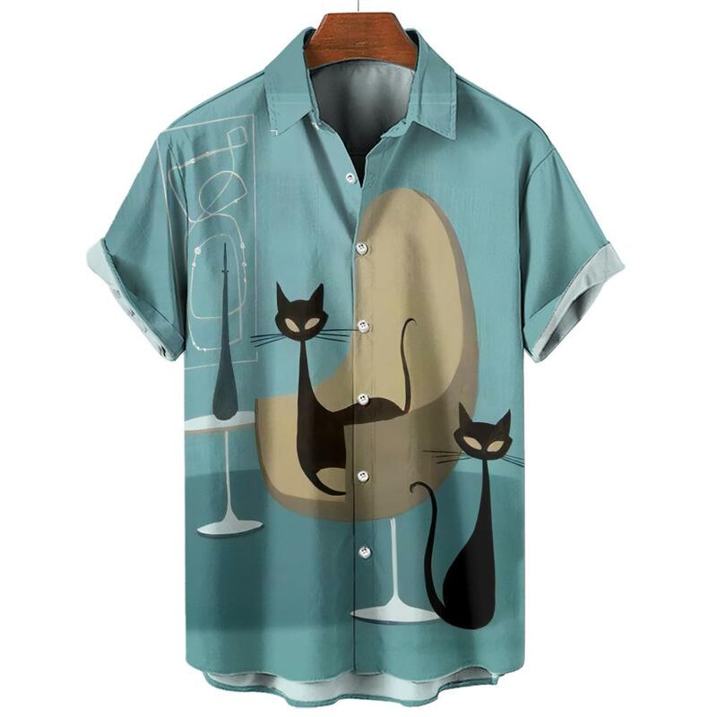 قمصان هاواي الكلاسيكية للرجال ، رسومات القطط ، أكمام قصيرة ، مطبوعات ثلاثية الأبعاد ، موضة الصيف ، قميص أساسي للرجال ، الصيف ،