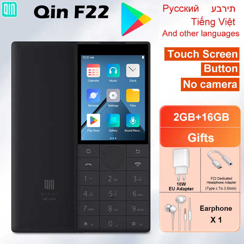 Qin-F22 Touch Screen com Bluetooth, Versão Global Inteligente, Play Store, Sem Câmera, Wifi, 2.8 polegadas, 2GB, 16GB, MTK6739, Bateria de 1700mAh, 480x640