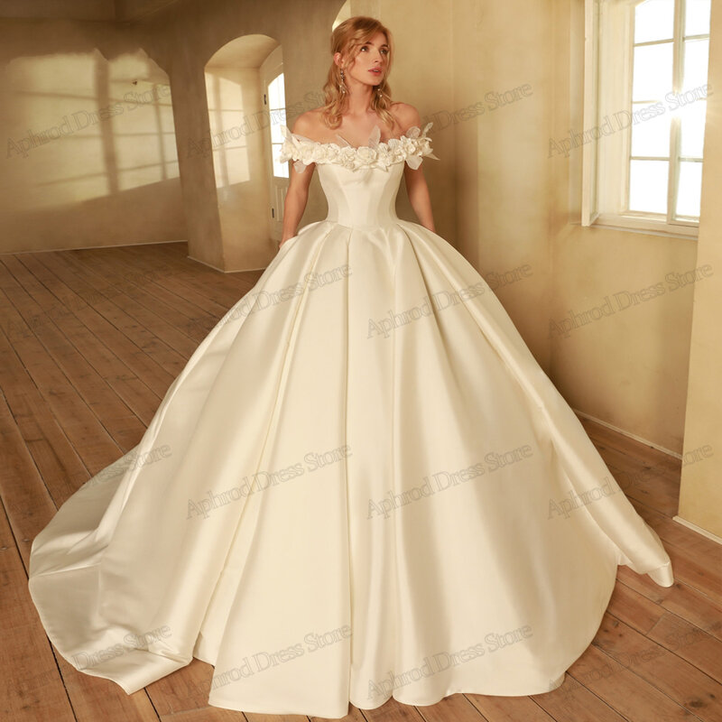 Elegant Wedding Dresses Satin Bridal Gowns Off The Shoulder Robe For Formal Party 2024 Flower Appliques Pretty Vestidos De Novia
