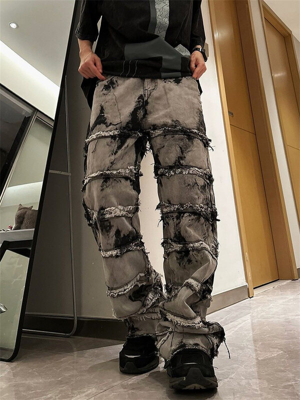 Amerykański główna ulica tie-dye osobowość dżinsy z prostymi nogawkami dla mężczyzn i kobiet hip hop luźne spodnie na co dzień