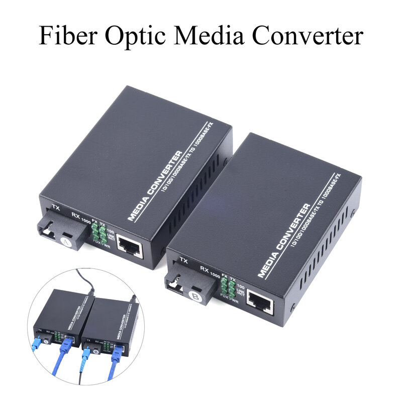 HTB-GS-03 konverter Media optik serat Gigabit, 10/100/1000Mbps Mode tunggal ke RJ45 UPC/APC SC-Port catu daya eksternal