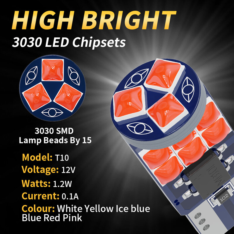 Canbus-żarówka LED T10 W5W, 10x, 3030 SMD, do światła sygnalizacyjnego, klinowa, boczna, cofania, bagażnik, bez błędu, 12V, 6000K, biała, czerwona