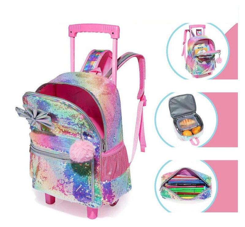 School Trolley Backpack Set para crianças, lancheira, Pen Bag, Rolling, 3 Pcs, Set for Girls