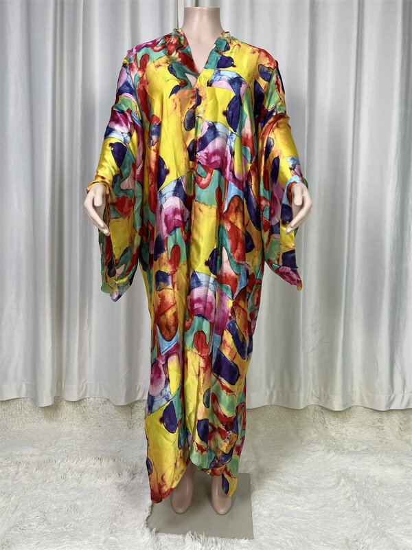 Vestido maxi manga batwing feminino estampado, seda, robe boêmio da Arábia Saudita, robe solto de praia, fato de banho, kaft, maxi, verão, 2022