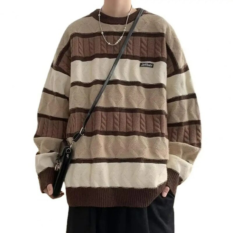 남성용 줄무늬 뜨게 스웨터, O-넥 긴팔, 루즈핏, 두꺼운 캐주얼 풀오버 상의, 레트로 대비 색상, 가을 겨울