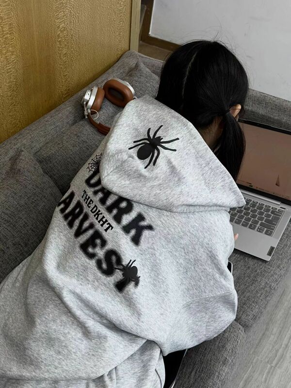 High Street American Spider Print Hoodies Vrouwen Herfst Losse Casual Jas Retro Koppels Anime Hoodie Sweatshirt Koreaanse Y 2K Tops