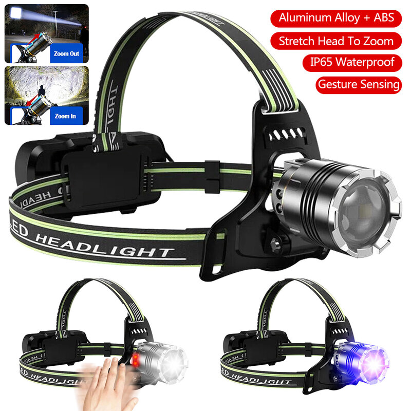 White Zoomable+UV 395nm Dual Light Source Headlight USB Rechargeable Headlamp Motion Sensor Camping Lantern Scorpion Detector