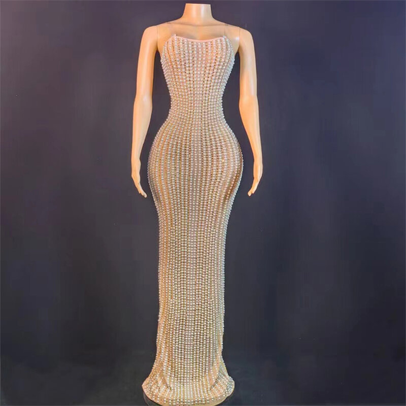 Customized Sexy Lace Transparent Diamond Pearl Sequins Feather Water Diamond Wrap Hip Dress Long Dress Performance Dress