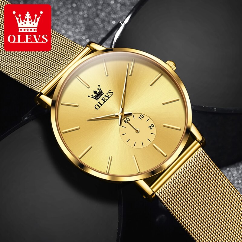 OLEVS นาฬิกาผู้ชายแบรนด์หรูสีทองนาฬิกาข้อมือผู้ชายบางพิเศษ