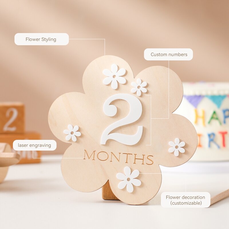 Tarjeta de madera con forma de flor para bebé, accesorios de fotografía, recuerdo de regalo de cumpleaños para recién nacido, 1 Juego