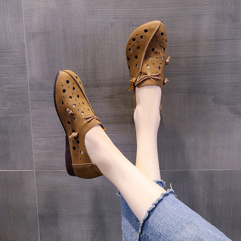 Ladies Flat Loafers Soft Fashion Casual Shoes Spring And Autumn New Hollow Lace Up Women's Shoes Moccasin Boat Shoes