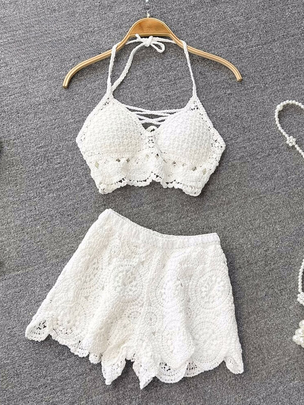 2024 New Knit Two Piece Sets Women Summer Vacation Backless Camisole Elastic Waist Shorts Hollow Out Y2K Beach Style Suits
