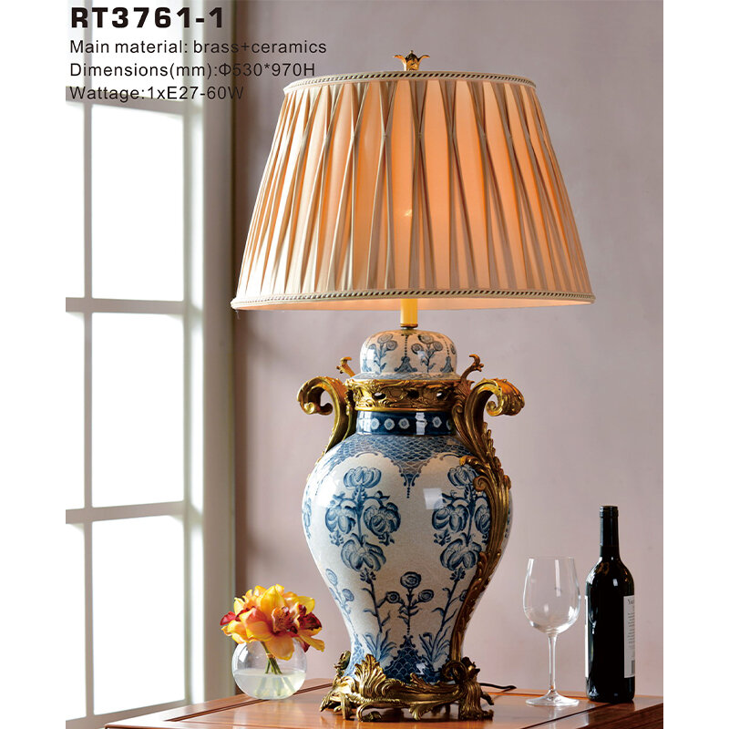 Home accessories lamp with white lampshade brass porcelain table lamps classic blue white led lights decor bronze ceramics light