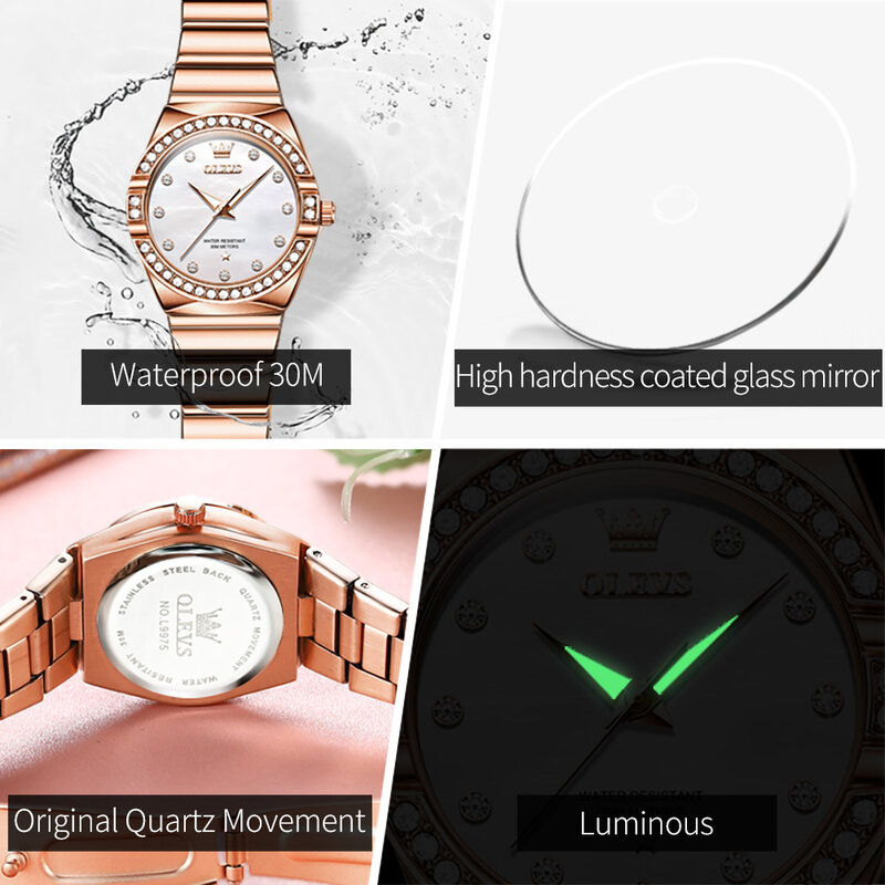 OLEVS-Reloj de moda para mujer, accesorio de marca superior de lujo, correa de acero inoxidable de oro rosa, resistente al agua, diamantes de alta calidad