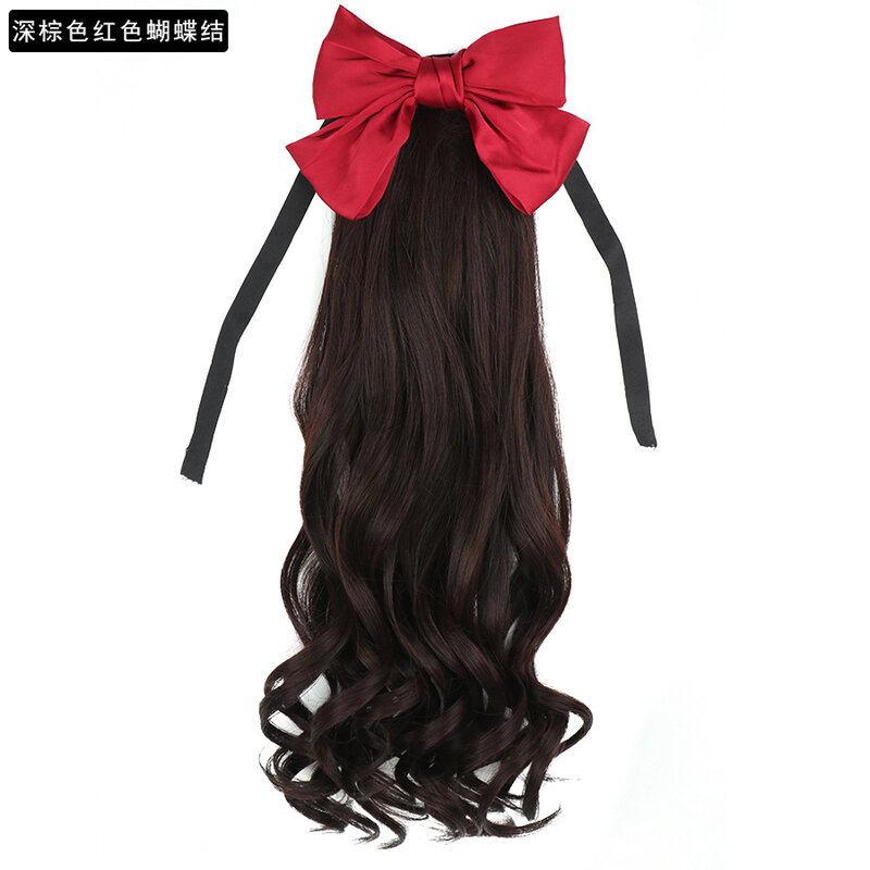 Short wig with ponytail and bow tie, long curly hair, fake braid, short curly hair, big waves, realistic wig piece.