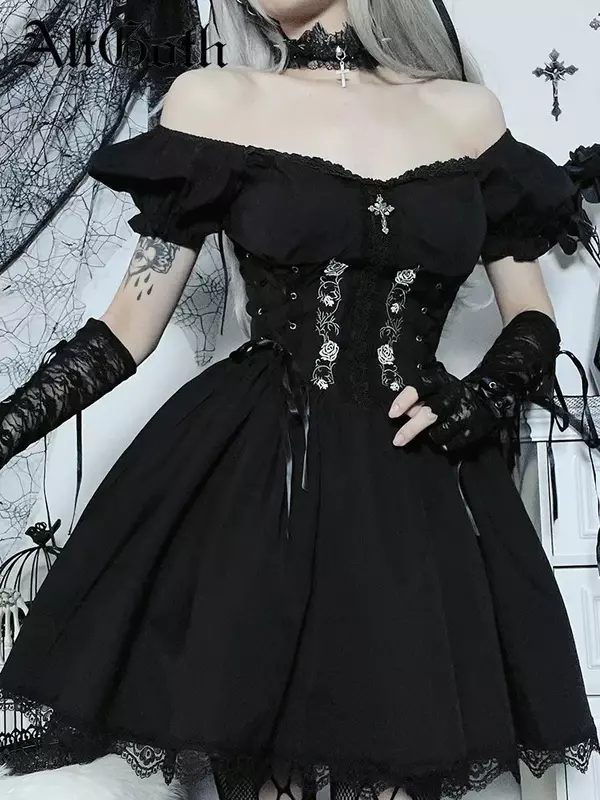 AltGoth-vestido de princesa gótico Vintage para mujer, Harajuku oscuro, corsé cruzado con cordones, ropa de calle, ropa de calle, vestido Lolita