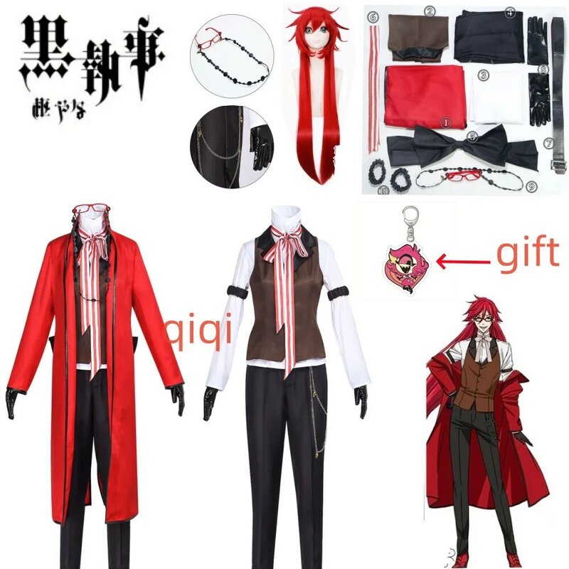 Traje de Cosplay Black Butler Grell sutacantilado, uniforme de peluca, Cosplay de Anime, fiesta de Halloween, gafas de traje rojo de lujo Unisex