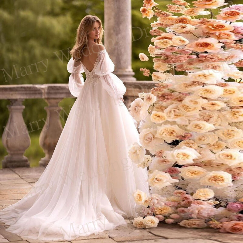 Женское свадебное платье с длинными рукавами-фонариками и открытой спиной