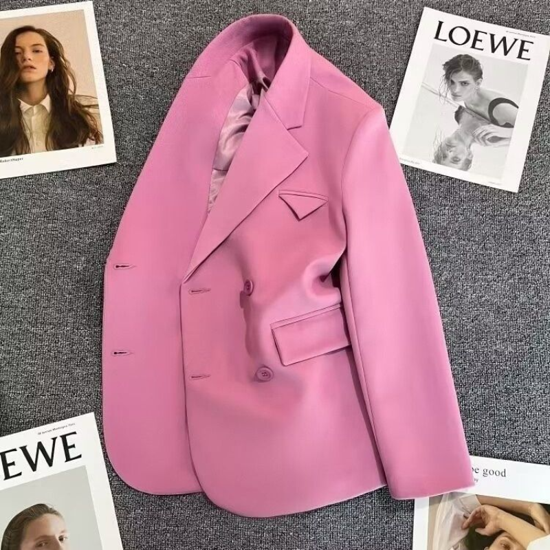 Women Spring and Autumn Small Suit Double Breasted Leisure Solid Color Button Pocket Splicing Long-sleeved Cardigan Coat