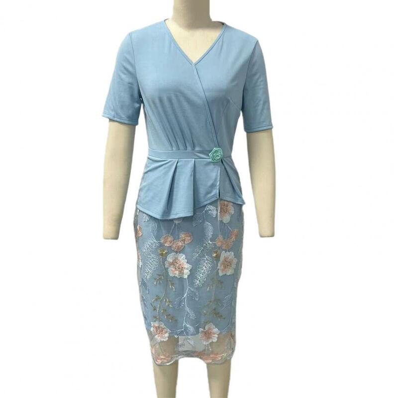 Rücken Reiß verschluss Cloure Kleid elegante Rose bestickt V-Ausschnitt Midi-Kleid für Büro kleidung mit Slim Fit Sheath Style Rücken Reiß verschluss