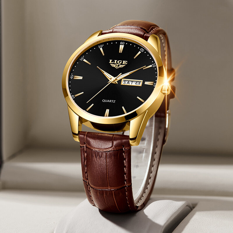 LIGE jam tangan wanita, jam tangan Quartz mewah Merek Terkenal tali kulit bernafas tahan air bisnis kasual