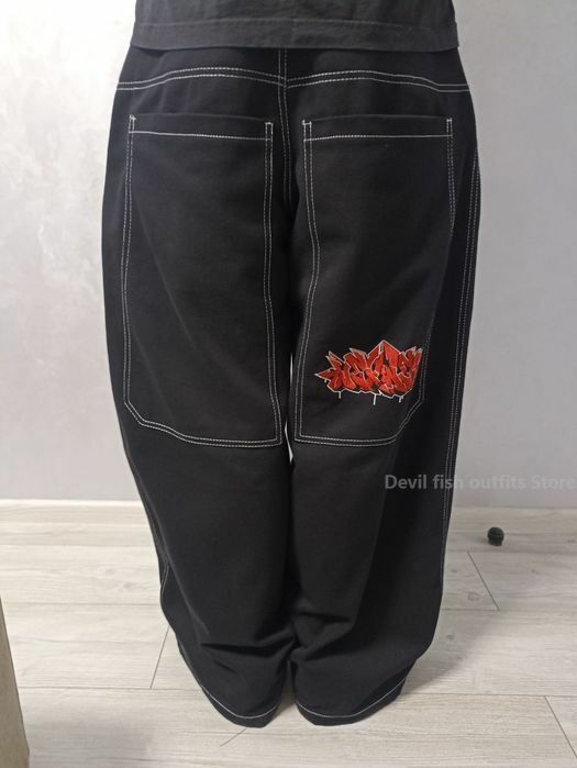 Celana jins bordir antik Hip Hop Y2k, jins kaki lurus pola jalanan Harajuku pinggang tinggi 3 kaki lebar