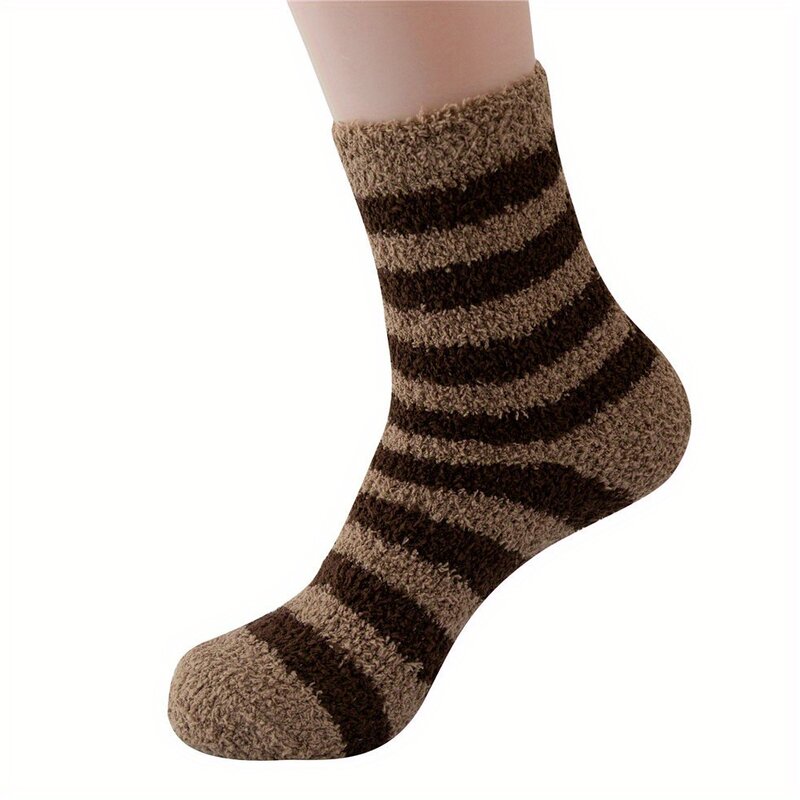 1 пара мужских носков средней длины из кораллового флиса с повседневными полосками для домашнего использования, утолщенные теплые носки для зимы