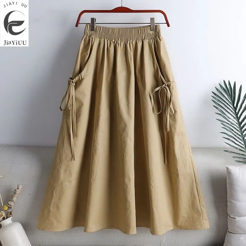 2024 Summer New Versatile Solid Color Lace Up Drawstring Pocket Mid Length Workwear Half Length A-line Skirt for Women2024 Summe