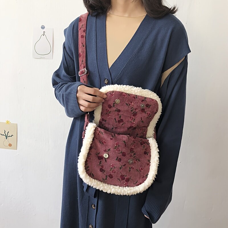 New autumn and winter corduroy lamb wool spliced ​​small cross-body bag lazy style and versatile shoulder bag