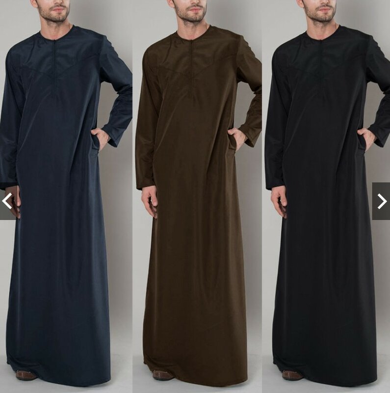 Spring Summer Muslim Men Long Sleeve O-neck Cotton Black Long Jubba Thobe Muslim Fashion Abaya Muslim Clothing S-5XL