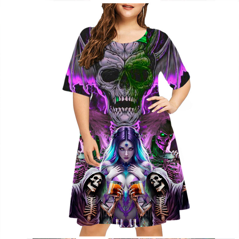 3D Skull Print Dress Casual manica corta Halloween Women Street Dresses Summer Fashion Hip Hop Dress Design Plus Size abbigliamento