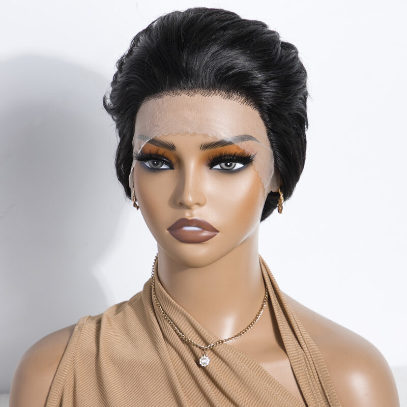 Pelucas de cabello humano brasileño para mujer, pelo corto elegante con encaje frontal 13x1, corte Pixie Rubio 613, línea prearrancada