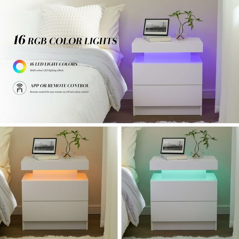 ชุดโต๊ะข้างเตียงสีขาว2ไฟ LED กลางคืนสำหรับห้องนอนโต๊ะข้างเตียง LED สีขาวทันสมัยพร้อมลิ้นชัก2ข้าง