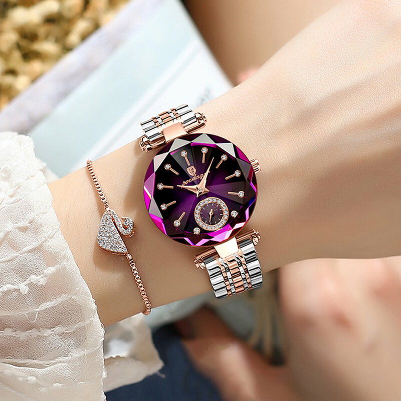 POEDAGAR jam tangan wanita Quartz berlian, jam tangan baja tahan karat tahan air elegan untuk wanita