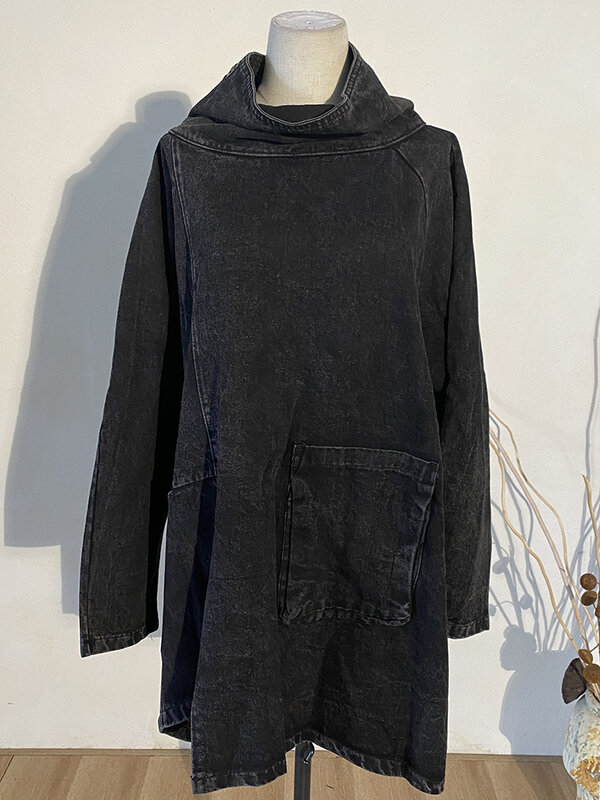 EAM-Sudadera de mezclilla negra holgada para mujer, suéter de manga larga con cuello alto, talla grande, a la moda, primavera y otoño, 2024, 1K166