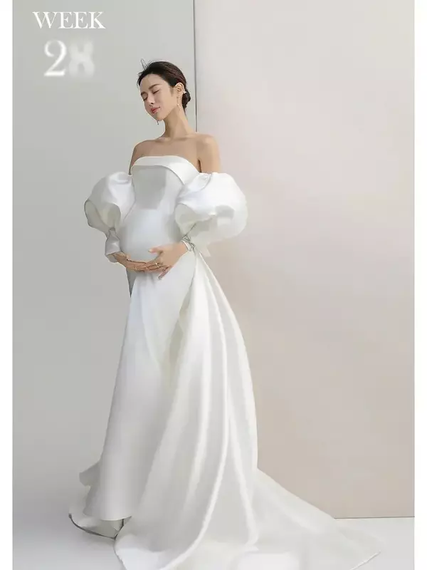 シンプルなサテンホワイトレトロガオディングドレス、妊婦写真、計量、新しい