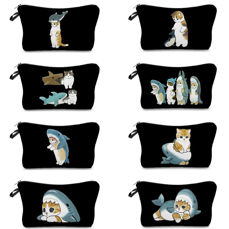 Set di squali del fumetto femminile borsa da toilette borsa da viaggio con stampa di gatto carino inserto borsa cosmetica da donna portatile borsa da viaggio da donna