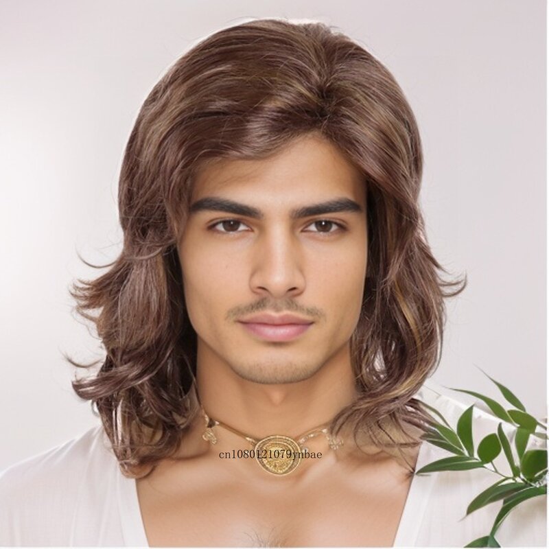 Short Wigs for Men Synthetic Fiber Brown Curly Wig with Side Bangs Natural Hairstyles Daily Party Costume Halloween Male Guys
