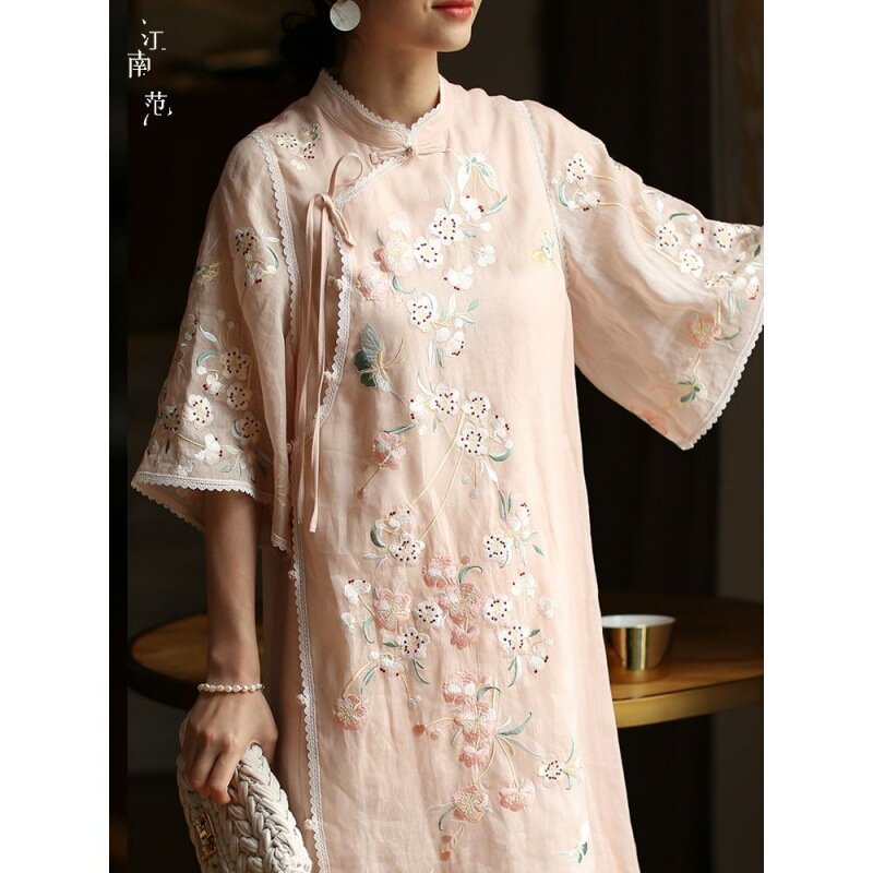 Summer Modified Loose Heavy Embroidery Han Chinese Clothing Cheongsam Lace-up Cheongsam Button Retro Slit Dress